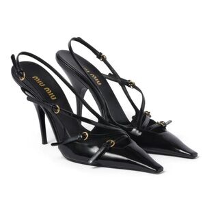 Miu Miu Buckles Black Patent Leather Heeled Slingback Sandals